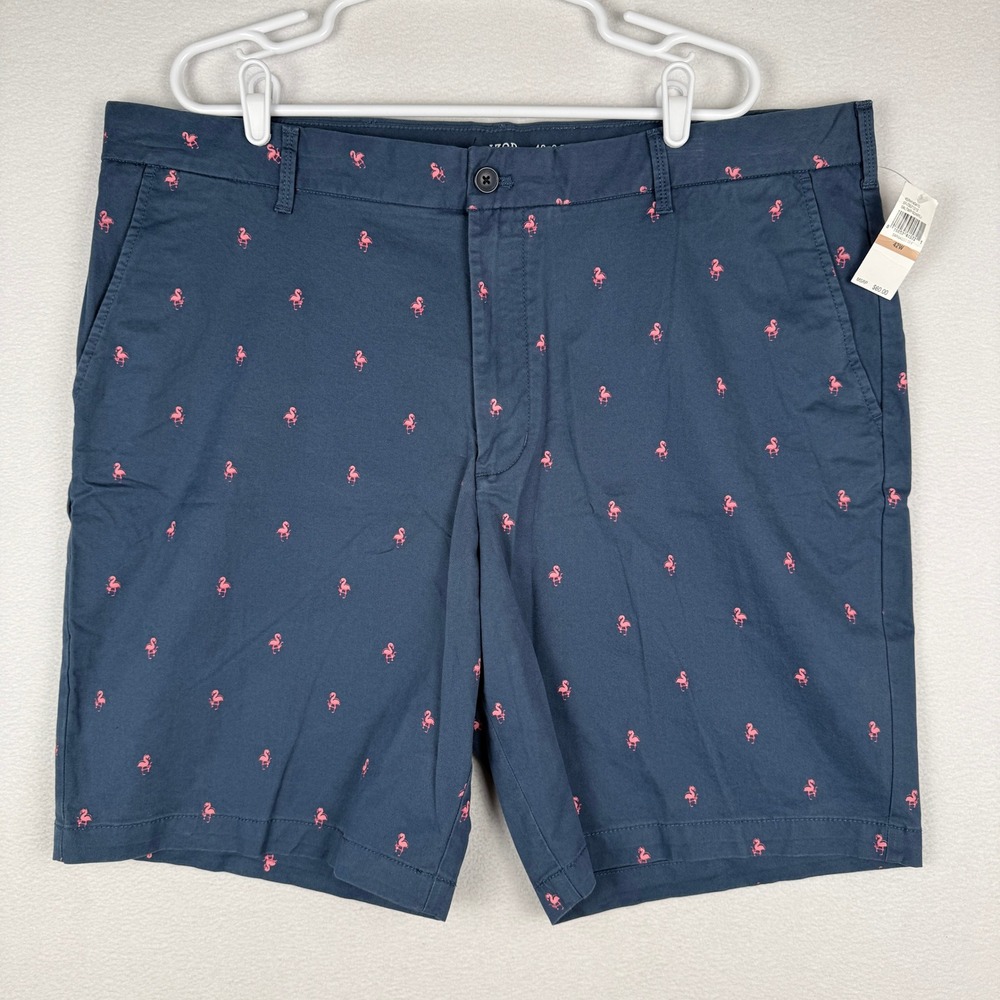 NEW Izod Saltwater Mens 42 Flamingo AOP Shorts Navy Blue Flat Front Chino